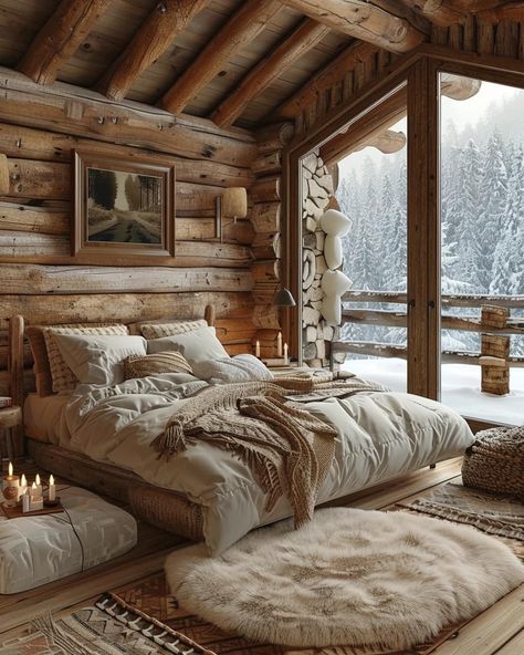 Log Cabin Bedroom Ideas, Cozy Cabin Interior, Log Cabin Bedroom, Chalet Bedroom, Luxury Chalet Interior, Modern Log Cabin, Chalet Interior, Cabin Bedroom, Log Cabin Decor