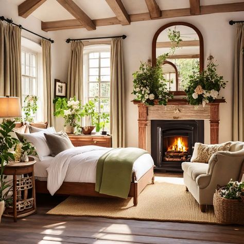 Bedroom Gas Fireplace Ideas, Tudor Bedroom Ideas, Bedrooms With Fireplaces Master, Boho Bedroom With Fireplace, Rustic Cottage Bedroom Ideas, Bedroom Layout With Fireplace, Cottage Master Bed, Bedroom Fireplace Ideas Master, Small Bedroom With Fireplace