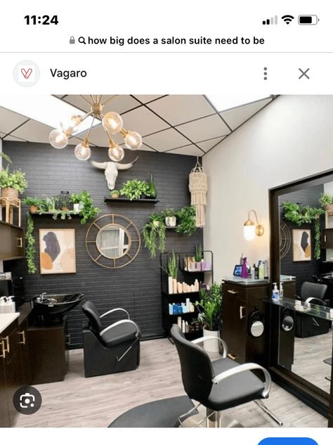 Black And Silver Salon Decor, Loc Salon Ideas, Decorate Salon Suite, Black White And Green Salon Decor, Small Salon Space Decor, One Person Hair Salon Ideas, Salon Suite Wallpaper Ideas, Minimalist Beauty Salon Decor, Salon With Black Walls