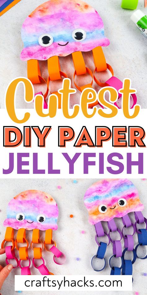 Create a magical ocean craft with this DIY paper jellyfish craft! Perfect for fun crafts for kids, this simple project uses basic paper crafts to bring colorful jellyfish to life. Dive into craft making that kids. Enjoy these paper crafts for kids. Pre K Fish Craft, Fun School Crafts, Arts And Crafts Activities For Kids, Arts And Crafts For Ages 4-5, Spiral Paper Art, Preschool Mermaid Craft, Easy Paper Crafts For Adults, Florida Crafts For Kids, Jellyfish Crafts For Preschoolers