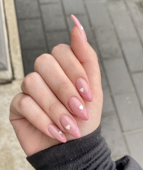 Natural Valentines Nails Almond, French Tip Nails Almond With Heart, Almond Pink French Tip Nails, Pink French Tip Nails Almond, Almond French Tips, French Tip Acrylics, Pink French Nails, Heart Nail Designs, Purple Acrylic Nails