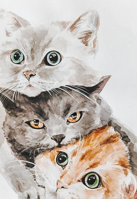 Watercolor Animals Simple, Cat Watercolor Paintings, Watercolour Cat, British Cats, Cat Watercolour, Three Kittens, Aesthetic Watercolor, Watercolor Cats, Kitten Drawing