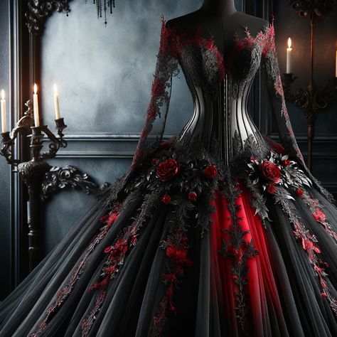 Black and Red Wedding Dresses Bold and Beautiful Choices for Your Big Day (2) Black Wedding Dress With Red Roses, Black Red Wedding Dress, Black And Red Wedding Dress, Red Fantasy Gown, Red Gothic Wedding Dress, Vampire Wedding Dress, Dark Red Wedding Dress, Red Gothic Wedding, Dark Romantic Aesthetic