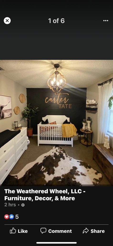 Nursery Ideas Country Theme, Cowhide In Nursery, Cattle Themed Nursery, Cow Rooms Ideas, Bull Themed Nursery, Nursery Ideas Western Boho, Small Western Nursery, Western Mountain Nursery, Western Nursery Paint Colors