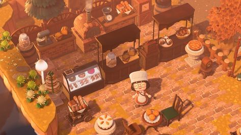 Bread Shop Animal Crossing, Bakery Custom Design Animal Crossing, Animal Crossing Cooking Area, Animal Crossing Bakery Ideas, Acnh Bakery Ideas, Bakery Animal Crossing, Acnh Bakery Designs, Animal Crossing Bakery, Forestcore Acnh