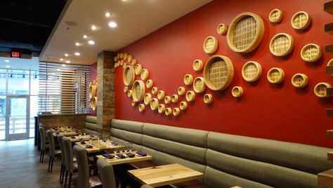 Traditional bamboo steamer baskets line the wall at the newly opened Red Ginger Dimsum & Tapas restaurant. (Photo by Krista L. White) Chinese Restaurant Design, Bamboo Wall Decor, Small Restaurant Design, Art Restaurant, Chinese Decor, Cafe Wall, Bamboo Design, Interior Wall Design, Cafe Interior Design