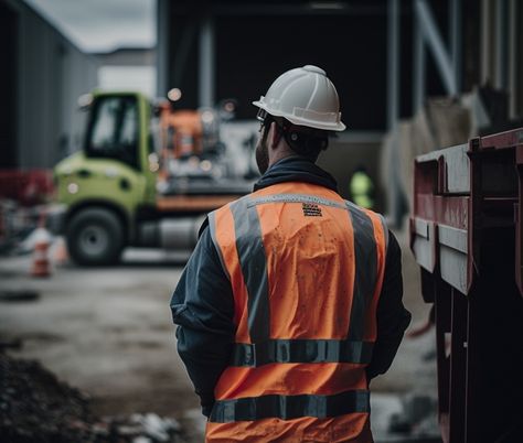 A man in a safety helmet and a hi-vis jacket stands in front of a truck and a construction site Construction Vest, Construction Photography, Safety Jacket, Colorful Vest, Reflective Vest, Construction Workers, Tier 1, Safety Vest, Safety Clothing