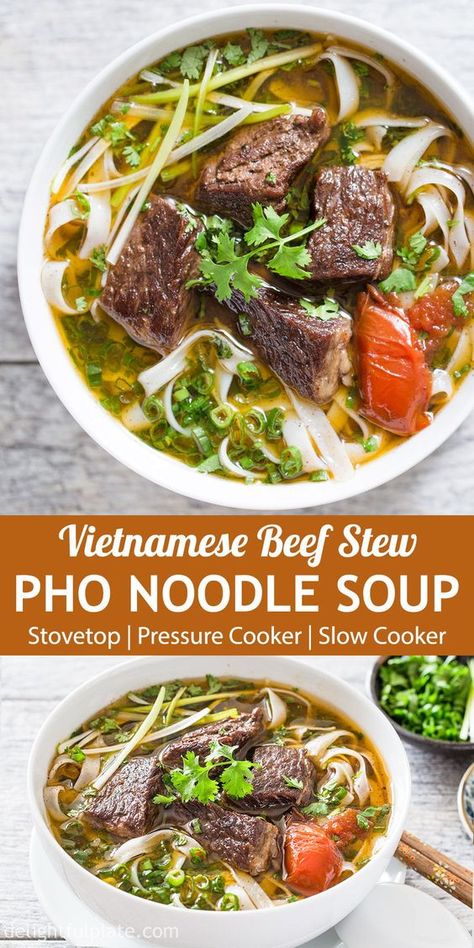 Vietnamese beef stew pho noodle soup (Pho bo sot vang) is a hearty and comforting noodle soup. It features tender beef cubes, flavorful broth and amazing aroma from pho spices. You can cook it on stovetop, in a slow cooker or a pressure cooker like an Instant Pot. #vietnamesecuisine #pho #noodlesoup #beefpho Pho Soup Recipe, Pho Spices, Vietnamese Beef Stew, Pho Noodle Soup, Vietnamese Beef, Pho Noodles, Pho Recipe, Asian Soup, Tender Beef