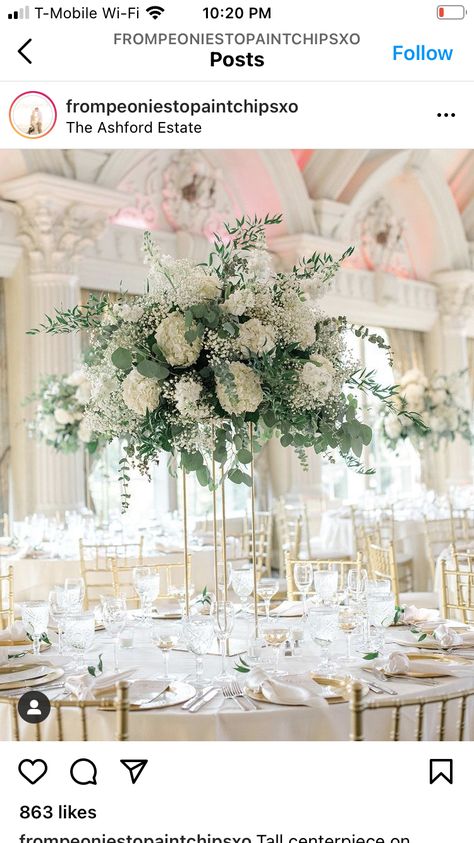 Harlow Centerpieces, Harlow Stand Centerpiece, Tall Wedding Centerpieces Elegant, Tall Centrepiece, White Wedding Centerpieces, Tall Centerpiece, Flower Board, White Wedding Decorations, Greenery Centerpiece