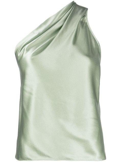 sage green silk satin weave draped detailing one-shoulder sleeveless straight hem One Shoulder Silk Top, Green Silk Top Outfit, Green Going Out Top, Green Top Outfit Aesthetic, Sage Green Clothes, Sage Green Outfit, Silk Top Outfit, Green Satin Top, Green Top Outfit