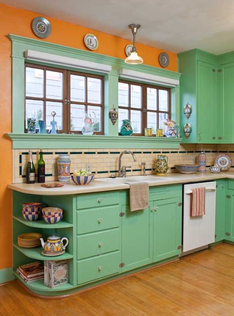 The use of period colors is evident in the kitchen of the restored 1906 bungalow. The maple strip flooring, top nailed, replicates the original damaged in a 1920s woodstove fire. Kitchen With Green Cabinets, Kitchen Accesories, Casa Vintage, Mid Century Modern Kitchen, Green Cabinets, Kitchen Plans, Old Kitchen, Trendy Kitchen, Kitchen Redo