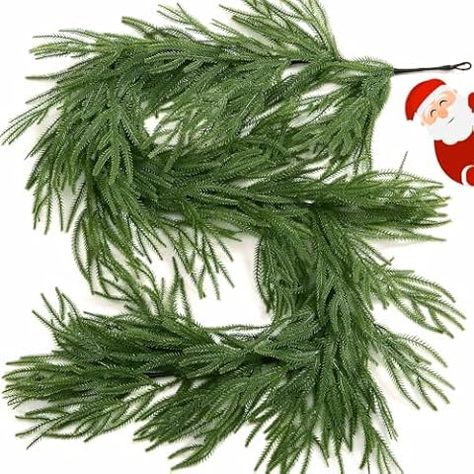 Amazon.com: Afloral The Original Real Touch Norfolk Pine Garland - 60" Tension Rod Christmas Garland, Staircase Christmas Decorations, Green Garland Christmas, Window Stairs, Stairs Porch, Staircase Christmas, Norfolk Pine Garland, Fireplace Door, Lush Christmas