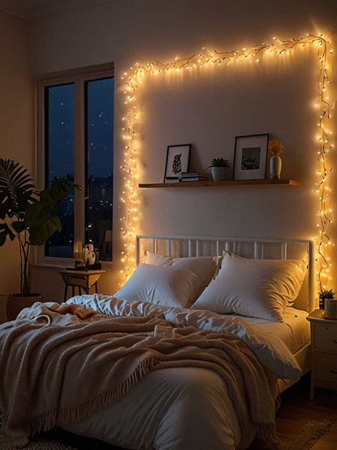 Cozy Warm String Lights for Bedroom Decor - Transform Your Space with Soft Ambient Lighting - Easy I Small Fairy Lights Bedroom Ideas, Fairy Lights Bedroom Polaroid, Hanging Christmas Lights Bedroom, Fairy Lights Small Bedroom, Minimalist Bedroom Fairy Lights, Bedroom Decor With Lights, Ferry Lights Decoration Bedroom, Fairy Light In Bedroom, Fair Lights Bedroom