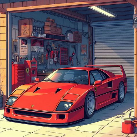 Ferrari F40 Painting, Ferrari F40 Drawing, Ferrari F40 Vintage, Ferrari Drawing, Ferrari F 40, Car References, Anime Cars, Cars Illustration, Anime Retro