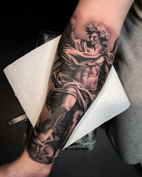 Another incredible black and grey tattoo by Mitchell Saint!   Created with #magnumtattoosupplies ❤️  #saintmichaeltattoo #archangelmichael #bngtattoo #spiritualtattoo Sistine Chapel Tattoo, Saint Michael Tattoo, St Michael Tattoo, Michael Tattoo, Black And Grey Tattoo, Stomach Tattoos, Spiritual Tattoos, Sistine Chapel, Saint Michael