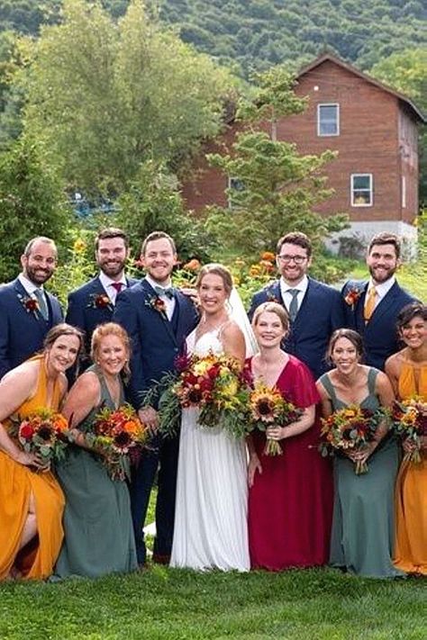 A elegant groom look feels perfect for your special day. I love recommending, this one elevates a modern wedding. Add that to your suit ideas. Mixed Color Groomsmen Suits, Navy Blue Suit Fall Wedding, Multicolored Bridesmaids Dresses With Groomsmen, Groomsmen With Different Color Ties, Mismatched Bridesmaid Dresses With Groomsmen, Navy Blue Groom Suit Fall Wedding, Colored Groomsmen Attire, Groomsmen Different Colors, Mismatched Bridal Party Groomsmen