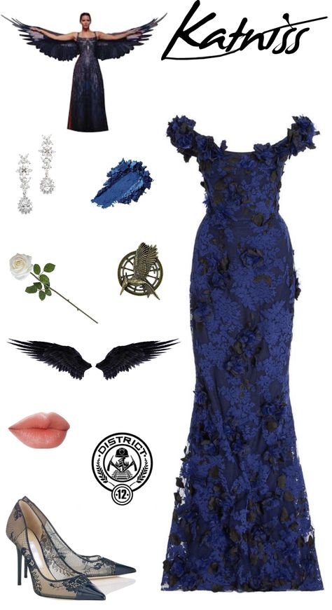 Katniss Mockingjay Outfit, Katniss Everdeen Dress, Mockingjay Dress, Katniss Dress, Katniss Everdeen Outfit, Navy Blue Eyeshadow, Hunger Games Costume, Navy Blue High Heels, Hunger Games Districts