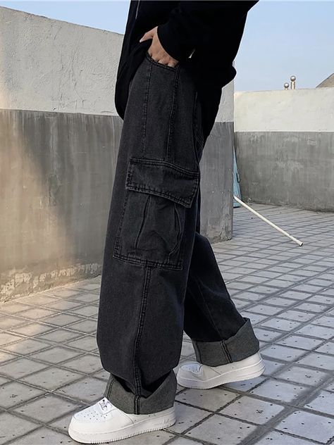 Baggy Jeans Trousers Male Denim Pants Black Wide Leg Pants Men's Jeans Oversize Cargo Korean Jeans Oversize, Black Baggy Jeans, Korean Streetwear, Streetwear Hip Hop, Oversized Jeans, Black Wide Leg Pants, Baggy Pant, Korean Men, Baggy Jeans