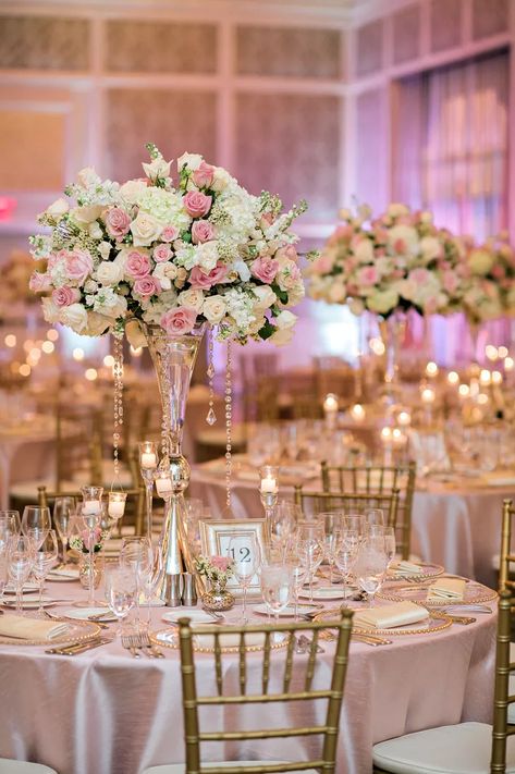 Tall Blush, Pink and Ivory Centerpieces with Jewels Pink Quince Theme, Tall Flower Centerpieces, Pink Flower Centerpieces, Quince Centerpieces, Quinceanera Centerpieces, Pink Wedding Centerpieces, Quinceanera Pink, Pink Centerpieces, Pink Quince