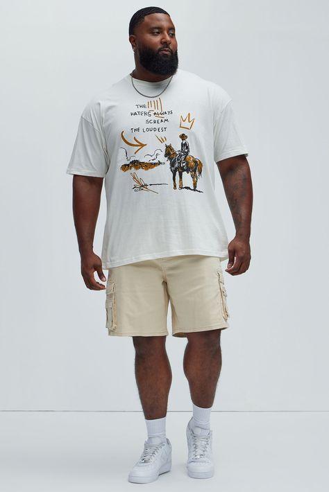 Available In Cream. Crew Neck Short Sleeve Screen Print Disclaimer: Due To The Printing Process A Difference In Saturation May Occur. Each Garment Is Unique. Print Placement Will Vary. 100% Cotton Imported | Mens Cowboy Waterfall Short Sleeve Tee Shirt in Cream size Small by Fashion Nova Xl Mens Fashion Plus Size, Big And Tall Fashion For Men Summer, Big Mens Summer Fashion, Big Boy Fashion Men, Big Men Fashion Plus Size, Fat Men Fashion, Big Guy Outfits, Big And Tall Fashion For Men, Xl Mens Fashion