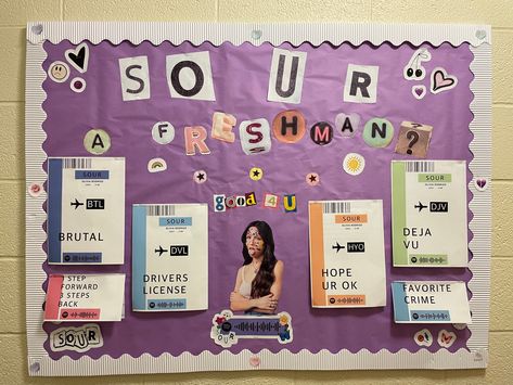 Creative Reporting Ideas, Olivia Rodrigo Bulletin Board, Notice Board Ideas, Poster Board Ideas, Music Themed Ra Bulletin Boards, Sour Journal Olivia Rodrigo, Olivia Rodrigo Poster Vintage Guts, Residence Life Bulletin Boards, Olivia Rodrigo Poster Guts Tour