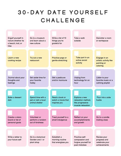 The 30 day date yourself challenge is meant to emphasize self care and optimize mental health strategies. Taking each activity day by day each activity will pour into your confidence, fitness goals, and social growth. By the end of the 30 day period, you will feel refreshed, accomplished, and ready to take on the world! Fun 30 Day Challenges, 30 Day Challenge List, Self Challenge, Date Yourself, Self Care Challenge, Bored Jar, Challenges Activities, Journal Lists, Self Care Bullet Journal