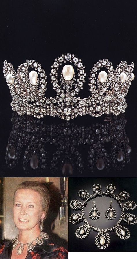 Pearl and diamond demi-parure owned by Princess Maria Gabriella of Savoy. The tiara can be worn as a necklace. Dragons Hoard, Royal Crown Jewels, Royal Crowns, Royal Tiaras, Beautiful Tiaras, Historical Jewellery, Diamond Jewelry Necklace, Necklace Diamond, Royal Jewels