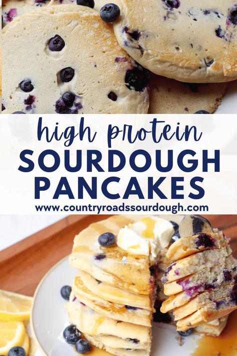 Get 10 grams of protein in every pancake with these Lemon Blueberry Sourdough Protein Pancakes. Made with greek yogurt, sourdough discard, protein powder, these sourdough protein pancakes are macro-friendly, well-balanced and high-protein so you stay full for longer. They are moist, light and the lemon blueberry gives these sourdough pancakes a sweet citrus flavor. They are a great option for meal prep and are kid approved! Blueberry Sourdough, Protein Sourdough Recipes, Sourdough Protein Recipes, High Protein Sourdough Recipes, Sourdough Protein Pancakes, Protein Sourdough Pancakes, Sourdough Discard Pancakes, Healthy Sourdough Pancakes, Sourdough Discard Protein Pancakes