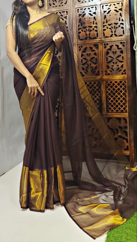 Chocolate Brown Saree, Coffee Brown Saree Combination Blouse, Brown Saree, Coffee Brown Color, Blouse Colour, Gold Border, Gold Silk, Brown Silk, Saree Look