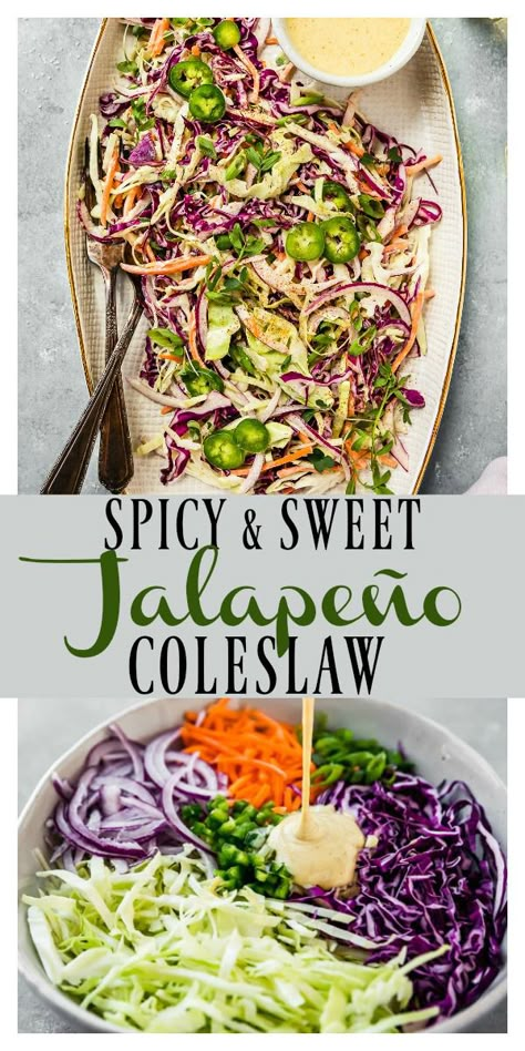 Spicy & Sweet Jalapeño Coleslaw | Creamy, crunchy, easy to prepare and packed with flavor!  Tangy, sweet and subtly spicy in flavor, this coleslaw is far from bland or boring!  It's the perfect summer side, or salad, to add to all your cookouts and barbecues!  #easy #creamy #tangy #spicy #sweet #homemade #coleslaw #vegetarian #recipe Jalapeño Coleslaw, Vinegar Based Coleslaw, Vinegar Based Coleslaw Recipe, Spicy Coleslaw, Best Coleslaw Recipe, Mango Slaw, Coleslaw Recipe Easy, Vegan Coleslaw, Homemade Coleslaw