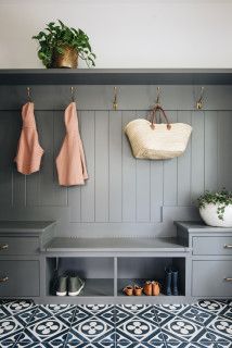 75 Mudroom Ideas You'll Love - May, 2024 | Houzz Mudroom Bench Shiplap, Entryway Mudroom Ideas Entrance, Mudroom Bench Cushion, Transitional Entry, Industrial Scandinavian, Farmhouse Transitional, Scandinavian Rustic, Mudroom Cabinets, Mudroom Entryway