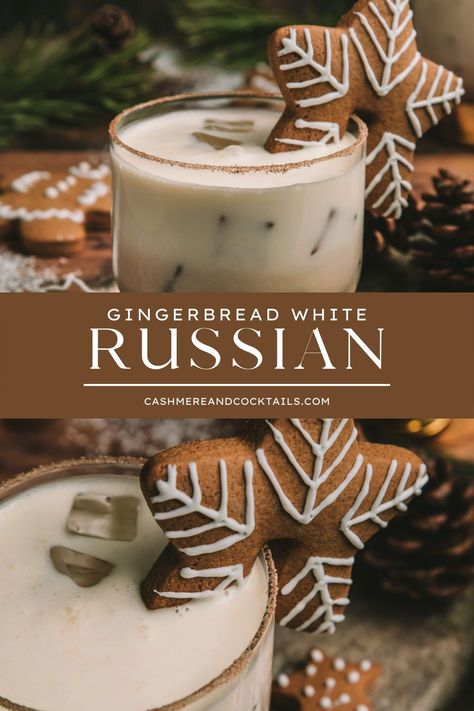 Bad Santa White Russian, Holiday White Russian Recipe, Halloween White Russian, New Year Drink Ideas, Russian Holiday Food, Peppermint Holiday Cocktails, Gingerbread Rum Cocktail, White Russian Variations, Holiday White Russian