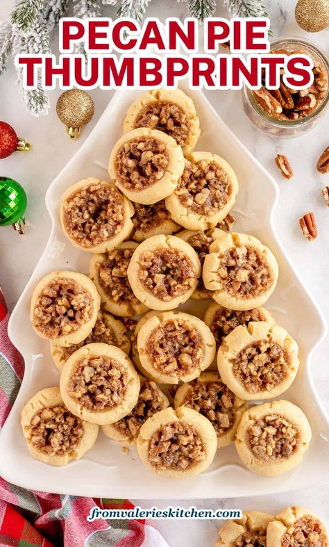 Pecan Pie Thumbprint Cookies have all the goodness of pecan pie in cookie form. The most perfect buttery shortbread cookie dough is filled with a gooey pecan filling to create these festive cookies. Jello Cookies, Pecan Filling, Pecan Pie Cookies, Thanksgiving Baking, Gluten Free Dairy Free Dessert, Easy To Make Cookies, Pecan Pie Filling, Pie Cookies, Buttery Shortbread Cookies