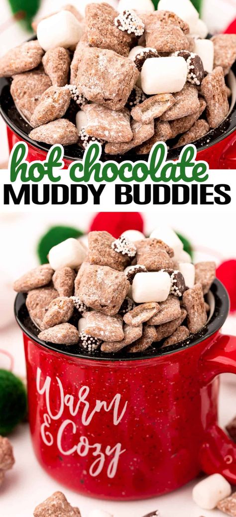 Sweet and creamy Hot Chocolate Muddy Buddies are a holiday twist on a classic that is perfect for entertaining or gifting this season! Chex Dessert, Chocolate Muddy Buddies, Sweet Snack Mix, Chocolate Chex Mix, Creamy Hot Chocolate, Muddy Buddies Recipe, Bunny Chow, Easy To Make Cookies, Muddy Buddies