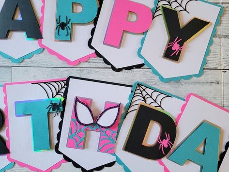 Spider Gwen Banner 3D - Etsy Ghost Spider Birthday Party Food, Spider Gwen Banner, Spider Gwen Birthday Party, Spidergirl Birthday Party, Spider Gwen Party, Ghost Spider Birthday Party, Spidey Birthday, Spiderman Birthday Party, Ghost Spider