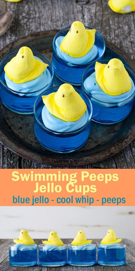 What to make with Peeps? Swimming Peeps Jello Cups! A cute and easy Easter recipe that uses jello, cool whip and peeps! #peeps #easter #peepsdessert Peeps Dessert, Easter Appetizers Easy, Easter Deserts, Easy Easter Recipes, Jello Cups, Easter Party Food, Easter Recipe, Peeps Easter, Easter Appetizers