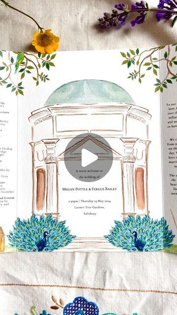 Hanya Carter on Instagram: "M & F decided to use a gatefold format for their order of service rather than a traditional booklet - I loved this unique idea! We were able to include their ceremony text, wedding itinerary and a personal note to their guests. The design was inspired by @larmertree their beautiful wedding venue and featured their iconic peacocks, parrot, the temple they got married in as well as a tiny Fortnum and Masons hamper as a fun play on their names." Text Wedding, Art Goals, Wedding Itinerary, Fortnum And Mason, Order Of Service, Beautiful Wedding Venues, M F, Peacocks, The Temple