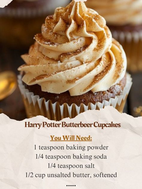 Grandma’s Easy Recipes | Harry Potter Butterbeer Cupcakes | Facebook Butterbeer Cupcakes, Butterscotch Sauce Recipes, Baking Powder Recipe, Harry Potter Treats, Harry Potter Butterbeer, Soften Brown Sugar, Harry Potter Cupcakes, Harry Potter Butter Beer, Butterscotch Sauce