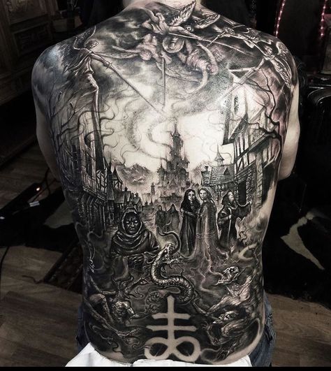 High Voltage Tattoo on Instagram: “Our @blackshadowstattoos slayed this back piece on his client! For your own enchanted demon land to be tattooed by Carlos, click the link…” Evil Tattoo, Torso Tattoos, Back Piece Tattoo, Demon Tattoo, Metal Tattoo, Back Tattoos For Guys, Tattoo Clothing, Back Piece, One Piece Drawing