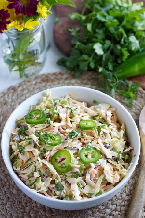 Jalapeño Cole Slaw, Jalapeno Salad Recipes, Jalapeno Slaw Recipes, Spicy Slaw For Pulled Pork, Sides For Pulled Pork Tacos, Jalapeno Coleslaw Recipes, Sides For Bbq Pulled Pork, Slaw Recipes For Pulled Pork, Pulled Pork Coleslaw Recipe