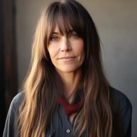 60s Medium Hair, Fringe With Long Layers, Long Length Hair With Bangs, Fringe With Long Hair, Straight Hair With Long Layers, Feathered Bangs Long Hair, Long Brown Hair With Bangs, Long Layered Shag, Long Hair With Fringe