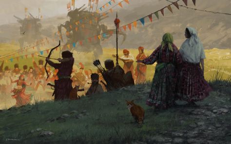 ArtStation - 1920 - Sabantuy, Jakub Rozalski Jakub Rozalski, Howl At The Moon, Folk Festival, Arte Fantasy, 판타지 아트, Fantasy Inspiration, Retro Futurism, Dieselpunk, Summer Festival