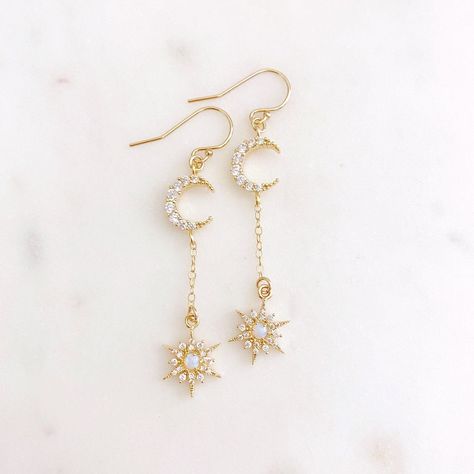 Opal Earrings Dangle, Star And Moon Earrings, Silver Jewelry Cleaner, Celestial Earrings, Earrings Opal, Moon Phases Necklace, White Jewelry Box, Star And Moon, Filigree Jewelry