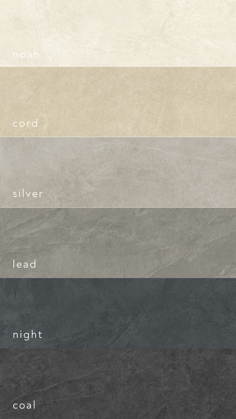 The color palette for Atlas Concorde USA's stone look collection, Hero, includes 6 neutral tones, from cream colors to darker blacks. Stone look and neutral colors are trending, the perfect tile trends to incorporate in your next design. Big Tile Floor, Brick Mosaic, Stone Tile Flooring, Modern Patio Design, Atlas Concorde, Modern Colonial, Tile Trends, Slate Stone, Stone Look Tile