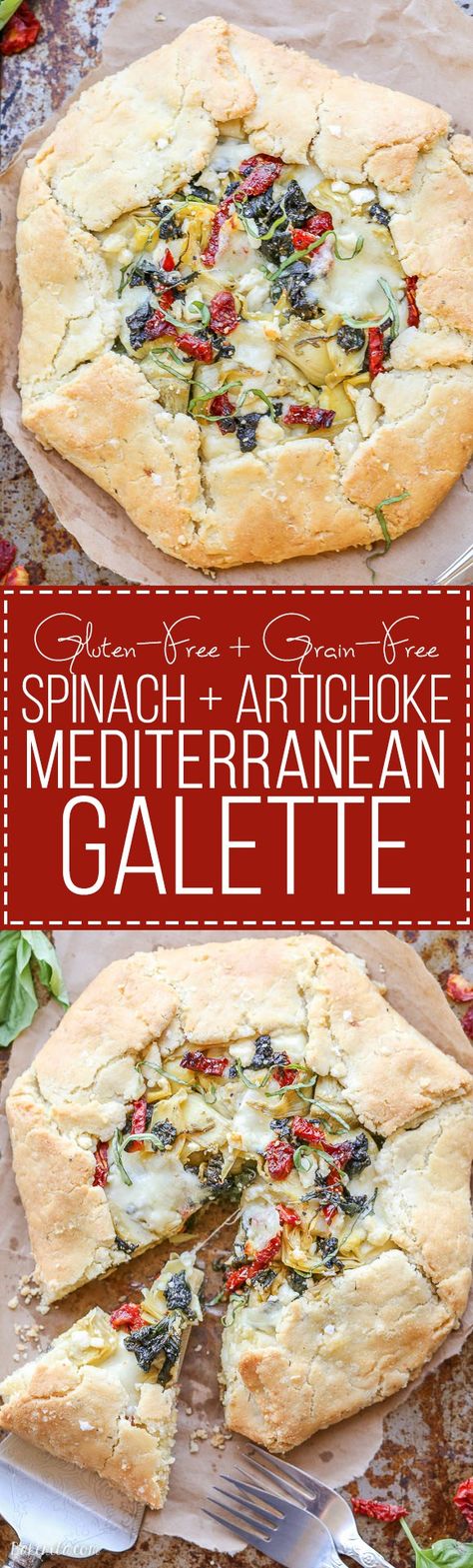 This Spinach + Artichoke Mediterranean Galette has sun-dried tomatoes, artichoke hearts, feta cheese, and gooey mozzarella tucked into a flaky gluten-free and grain-free crust. Pair with a side salad for the perfect lunch or dinner. Mediterranean Galette, Shibboleth Diet, Galette Gluten Free, Cooks Kitchen, Savory Pastry, Perfect Lunch, Gourmet Cooking, Yoga Retreats, Gluten Free Grains