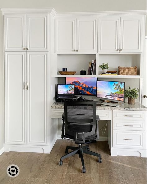 Custom cabinet, custom pantry, custom desk, wood cabinets, white cabinet, white ice granite Basket With Greenery, Pantry Desk, White Office Desk, Kitchen Desk Areas, White Shelving Unit, Blue Home Offices, Organize Office, Dining Room Built In, Small Baskets