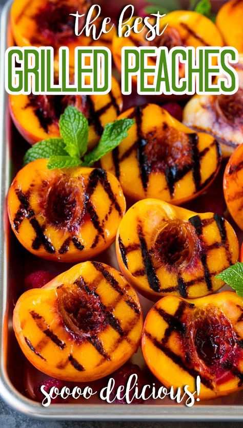 Peaches On The Grill, Summer Produce Recipes, Grilled Fruit Recipes, Grilled Peaches Recipe, Grilled Desserts, Easy Grilling Recipes, Cinnamon Honey, Vegetarian Desserts, Grilled Fruit