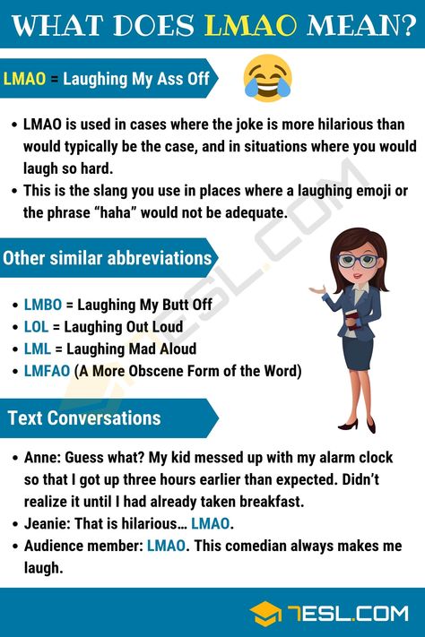 LMAO Meaning: What Does LMAO Mean? Text Conversations - 7 E S L What Does Lmao Mean, Heyyyyy Meaning, Lmao Meaning, Text Abbreviations, Kids Mess, English Collocations, Writing Stories, Other Ways To Say, Korean Words Learning