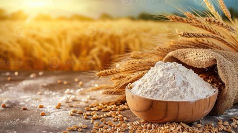 AI generated wheat flour in bowl and grains in burlap bag on table with ripe cereal field on the background Flour Image, Wheat Flour Recipes, Panoramic Pictures, Wheat Bag, Whole Wheat Flour, Cityscape Photos, Wheat Flour, Wheat, Food Animals