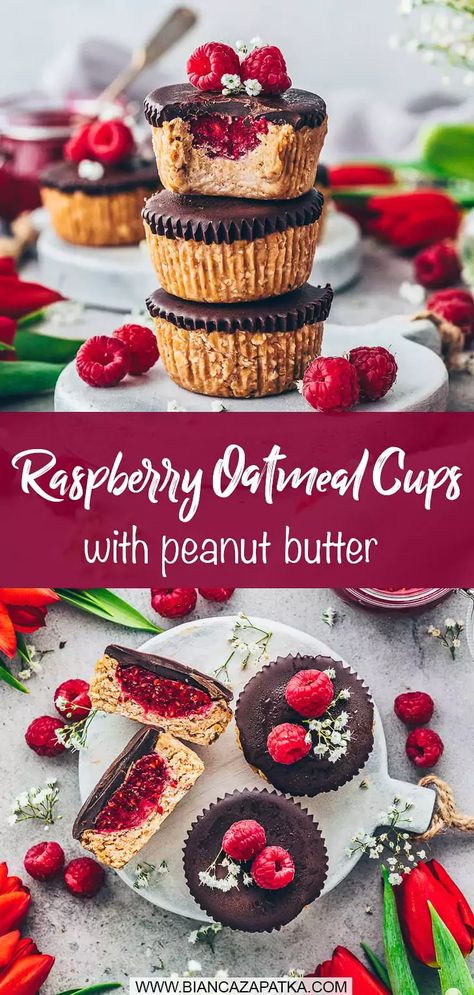 No-Bake Peanut Butter Oat Cups with Raspberry Jelly filling and Chocolate Chia Jelly, Peanut Butter Oat Cups, Vegan Cheesecake Easy, Vegan Food Pyramid, Oat Cups, Raspberry Granola, Oats Snacks, Peanut Butter Oat, Oatmeal Bites